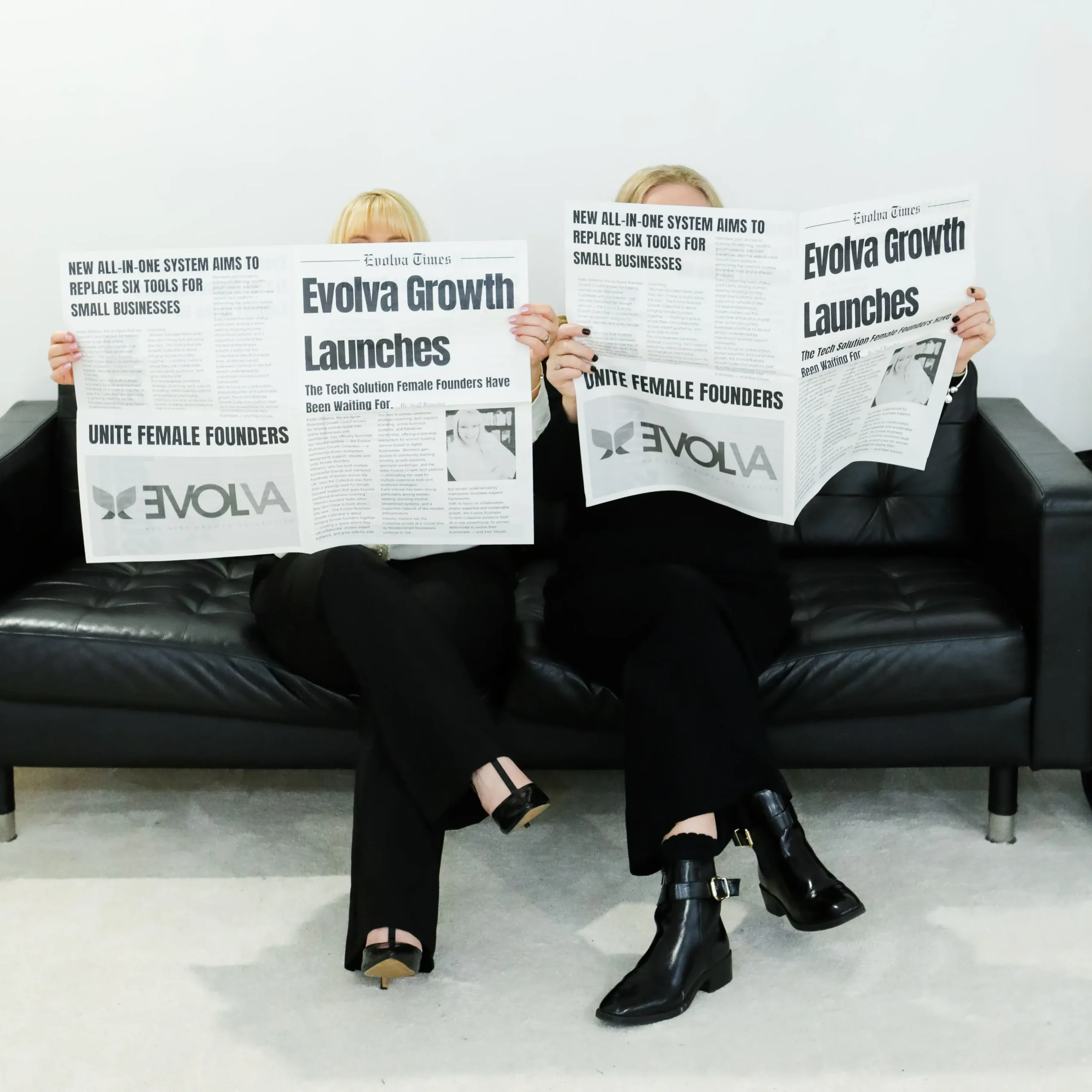 Two ladies reading the Evolva Growth Launches newspaper.